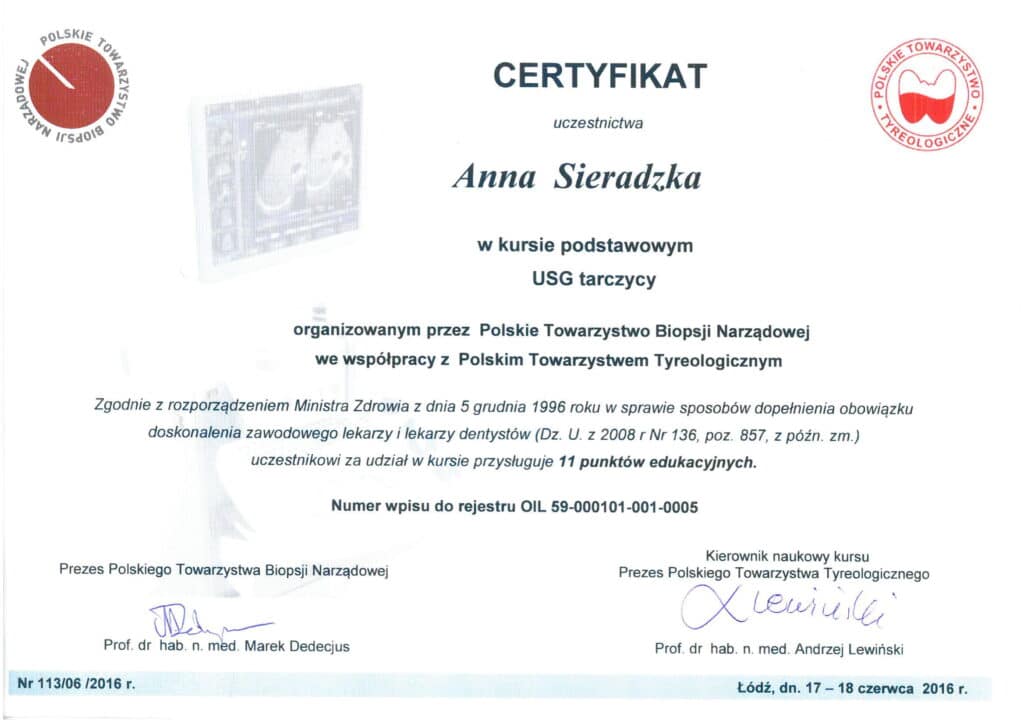 Certyfikat - Anna Sieradzka